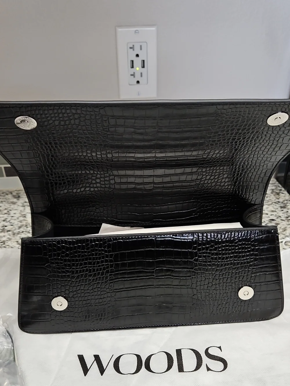 WOODS BY JORDYN MINI TUX CLUTCH, BLACK CROC EMBOSSED